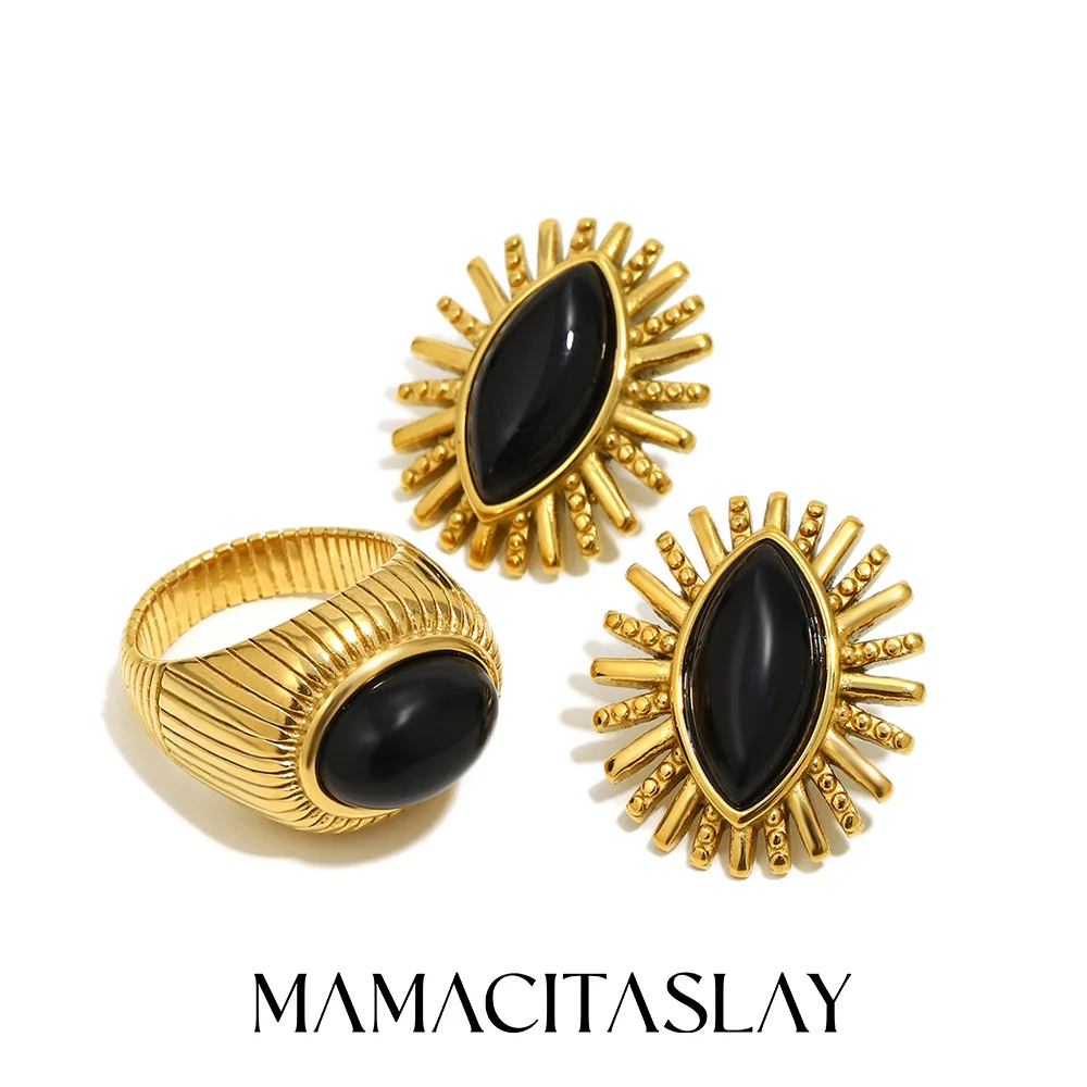 MamacitaSlay 316L Edelstahl-Ohrringe mit schwarzem Achat, 18 Karat vergoldet, wasserfestes Schmuckset für Frauen, einzigartiges, cooles Geschenk