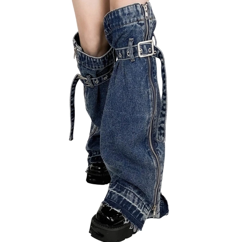 

Women Punk Washed Denims Leg Warmer Buckled Strap Zippers Jeans Flared Leg Cover