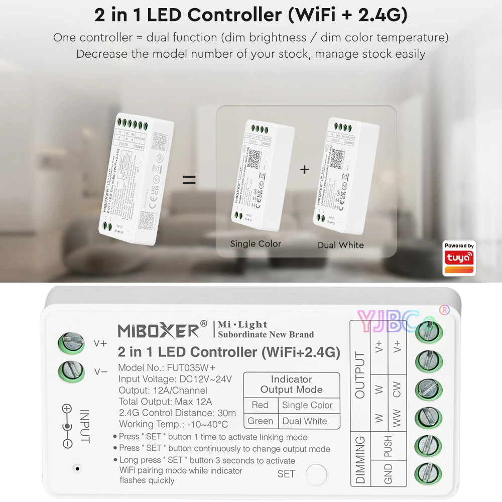 Miboxer 와이파이 듀얼 화이트 싱글 컬러 LED 스트립 컨트롤러, 투야 앱 디밍 CCT 조명 테이프 조광기, 2 인 1 지그비 3.0, 2.4G, 12V, 24V