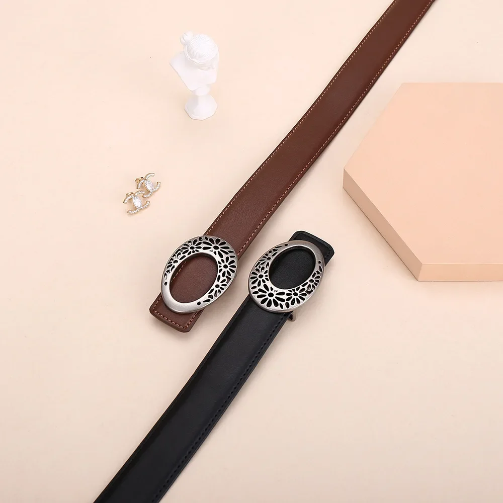 Women's Leather Belt Oval Hollow Small Flower Alloy Buckle Cowhide, Business Casual Simple and Fashionable Suit Waist Belt