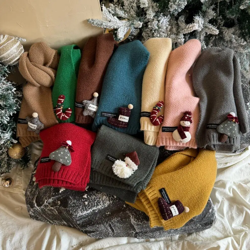 Czerwony świąteczny szalik na Nowy Rok dla dzieci, uczniów, zimowy, uroczy, z kreskówkowym motywem, ciepły, gruby, dziergany szalik dla dziewczynek i chłopców, nowy prezent.