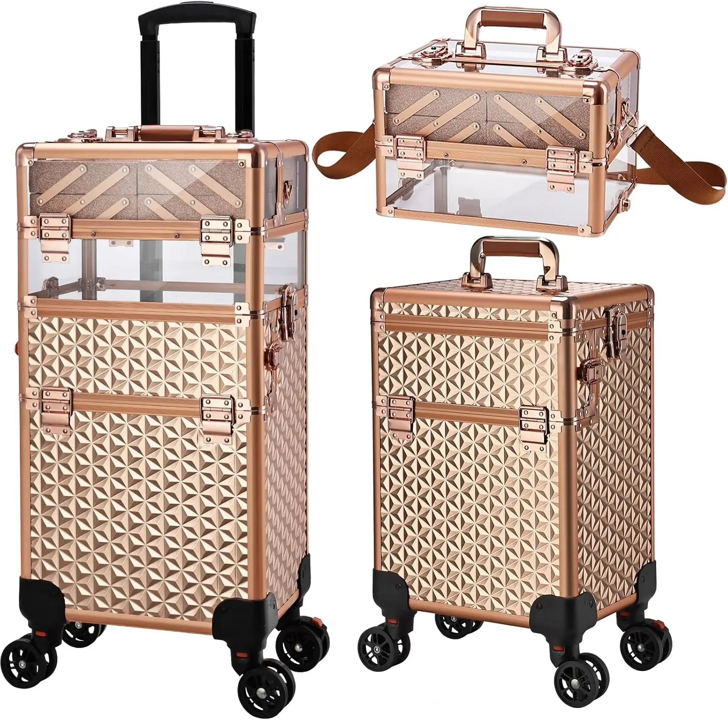 

Professional Rolling Makeup Case, 3 in 1 Train Case on Wheels Large Makeup Trolley Salon Barber Traveling Trunk Suitcase for Cos