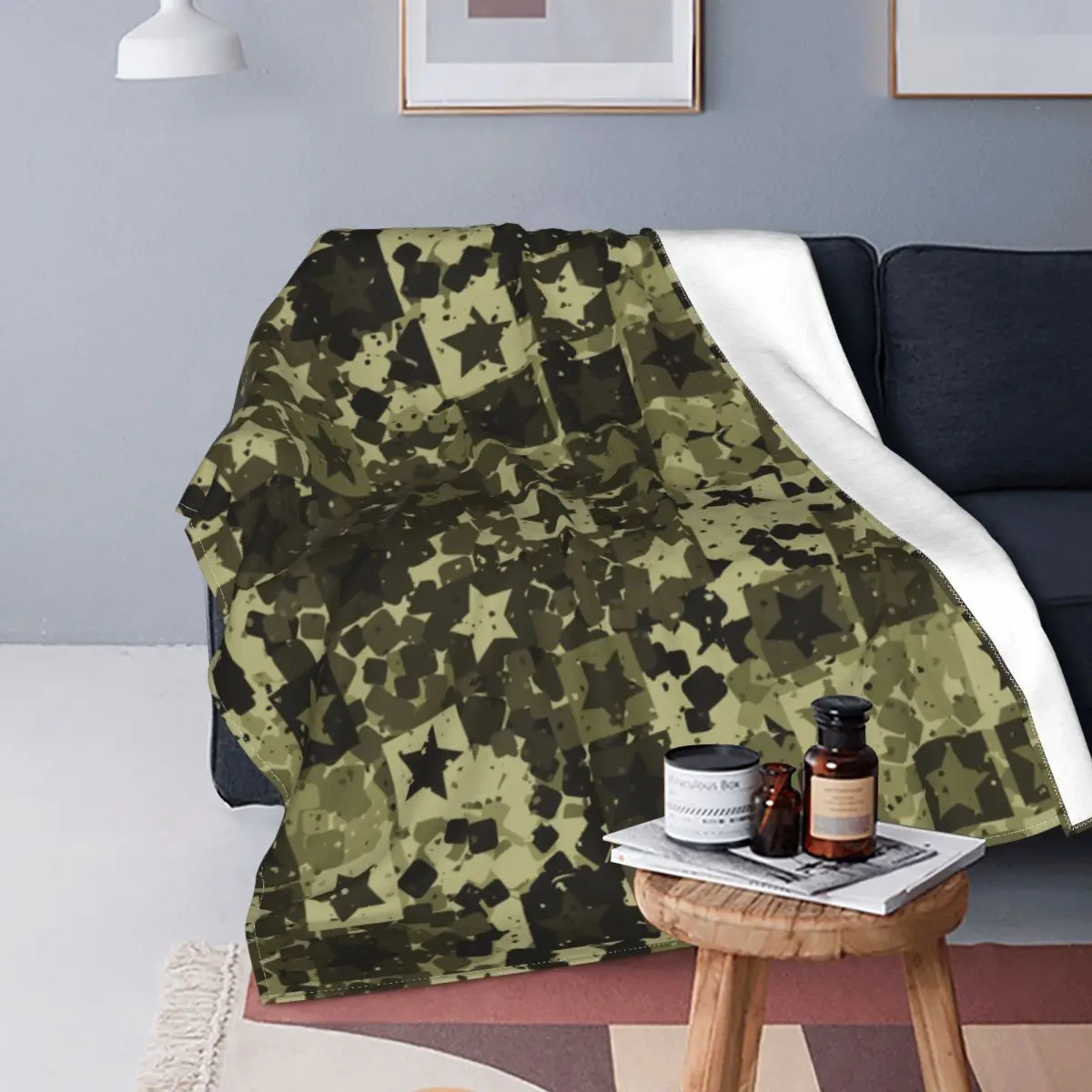 Jungle Camouflage Five-pointed Stars Fleece Throw Blankets Blanket for Bedding Outdoor Super Warm Plush Thin Quilt