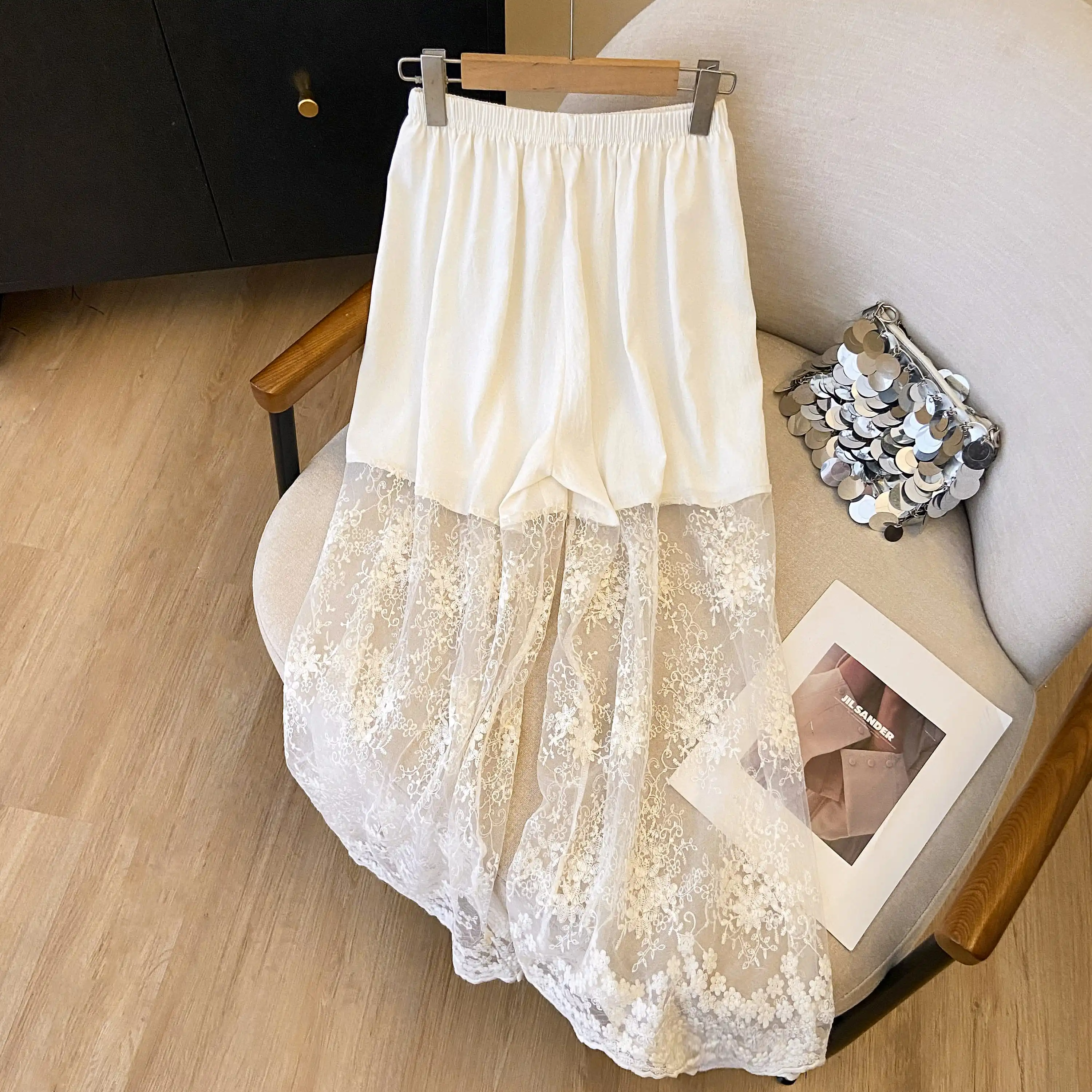 

Белые широкие брюки с кружевной отделкой, базовые брюки для ханьфу, эластичные сетчатые брюки с цветочным узором, свободный крой, высокая талия, длинные.