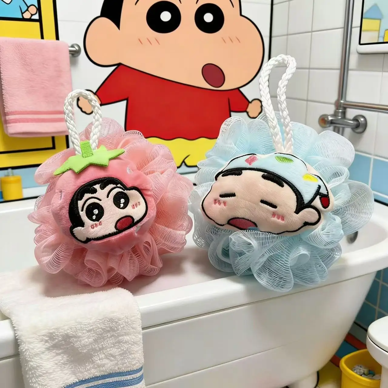 Kawaii Crayon Shin-chan Bath Ball Fluffy Cartoon Hanging Shower Loofah Gentle Foaming Bath Sponge Gift for Girls Daily Shower