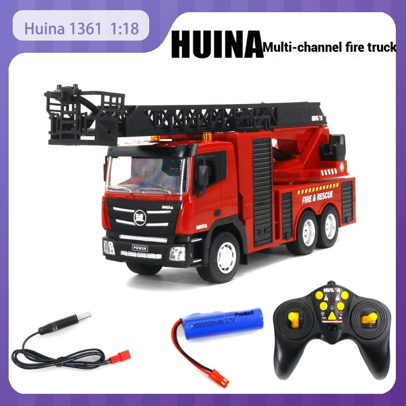 

New Huina 1361 RC cars 2.4G 1/18 Full Scale Nine CH Half Alloy Toy Car 270 ° rotation multi-functional Fire truck model Toy Gift