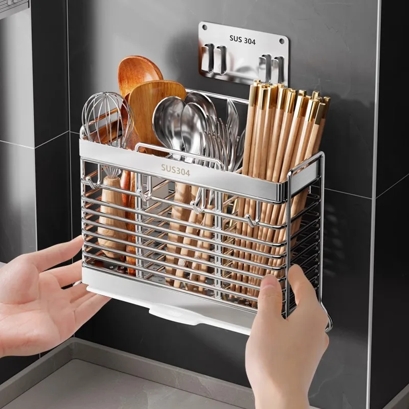 

Настенный органайзер QSG из нержавеющей стали для палочек и ложек, высококачественный, для домашнего использования, квадратный, двухслойный