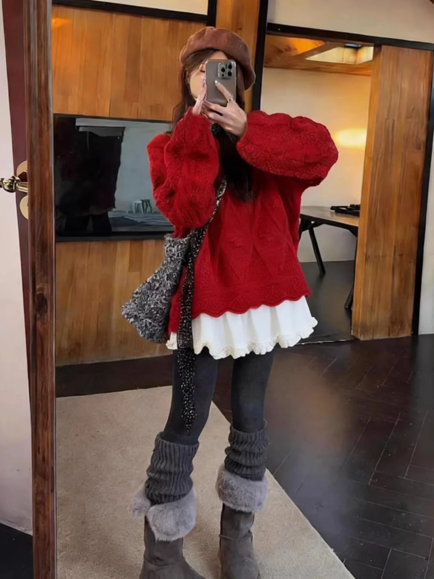 

Red New Year Faion Set Women's Winter Soft Cozy round Ne Sweater Casual Sle High Waist Trousers Age-Defng Outfit