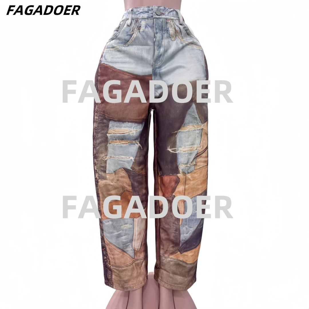 FAGADOER Retro Pants Women Printing Bandage Patchwork Loose Straight Leg Pant Hot Girl Streetwear Bottoms New Not Denim Fabric