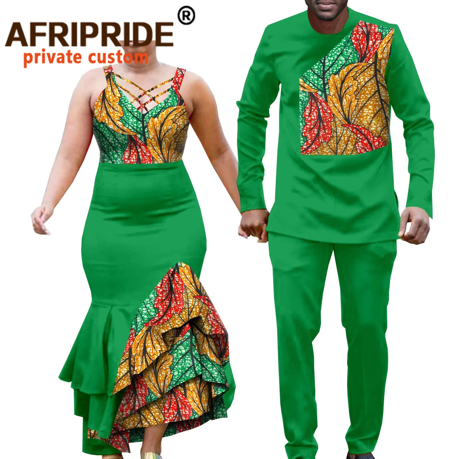 African Clothes for Couple Print Maxi Dress for Women and Dashiki Outfits Shirts and Pants 2 Piece Set for Men Wedding A21C005