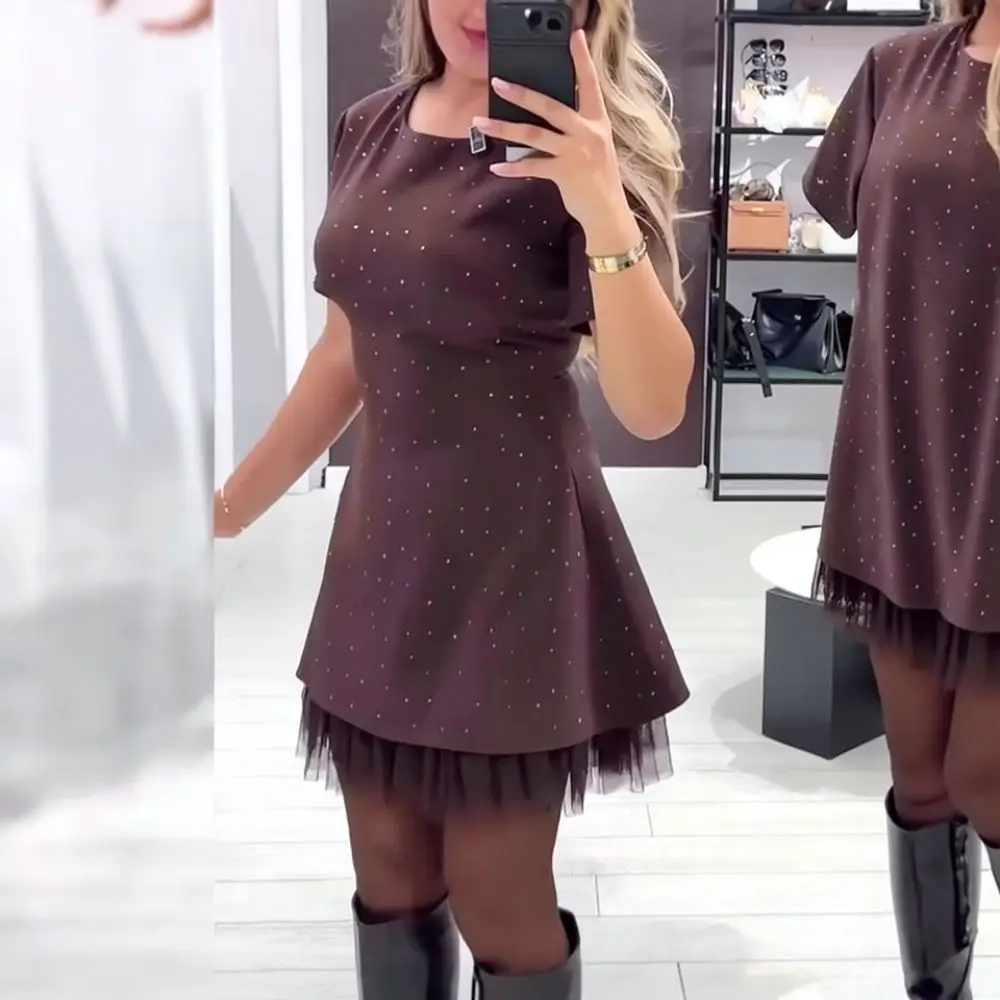 Womens Elegant Dress 2025 Summer Sleeveless Square Neck Mesh Pleated Rhinestone Solid Color Slim Fit Casual Commuter Midi Gowns