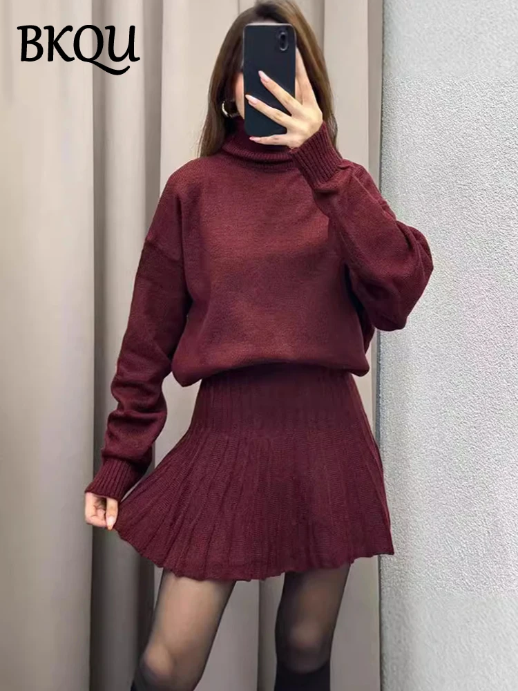 BKQU Solid Turtleneck Sweater Fashion Loose Pleated Mini Skirt Matching Set Female Streetwear Knitted Casual Lady 2 Pieces Set