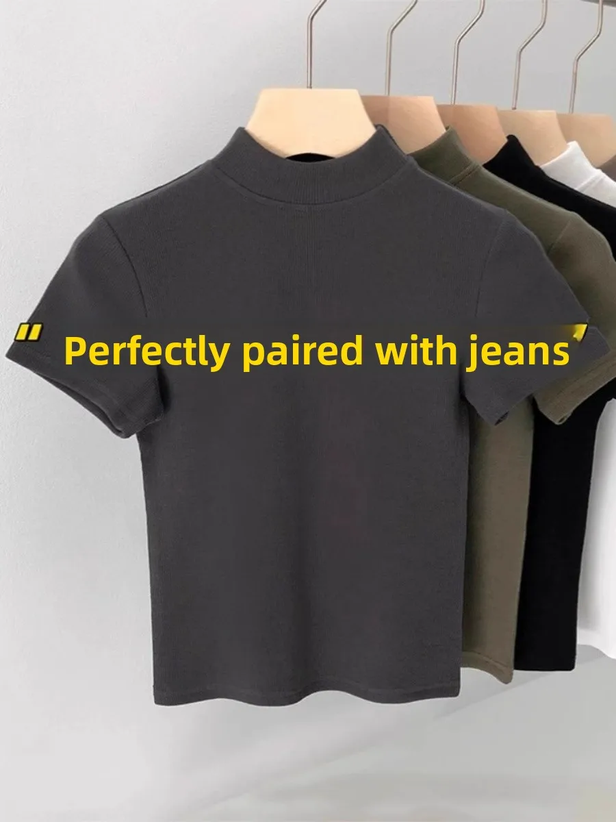 

Женская футболка с коротким рукавом и американским воротником в стиле ретро, из чистого хлопка, приталенная, весна-лето, новый стиль, базовый топ с круглым вырезом