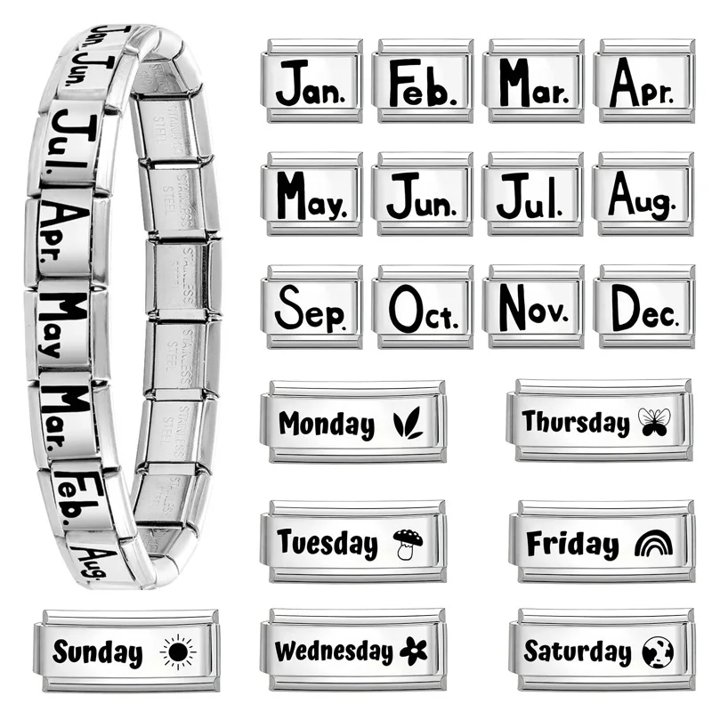 WG 1pc Italian Modular Charm Bracelet Month Day Elements Links Creative DIY Modular Italian Charm Bracelet Jewelry