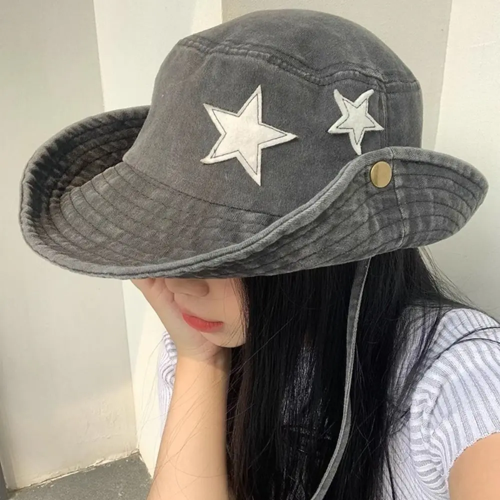 Windproof Vintage Washed Denim Hat Drawstring Adjustable Sunscreen Fisherman Hat Wide Brim Five-pointed Star Embroidery