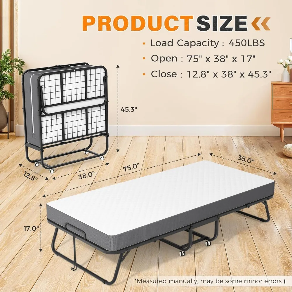 เตียงพับได้แบบพกพาพร้อมที่นอนเมมโมรี่โฟม ขนาด 75 x 38 นิ้ว โครงเหล็กพับได้ ประหยัดพื้นที่ เพื่อการนอนหลับที่สบาย