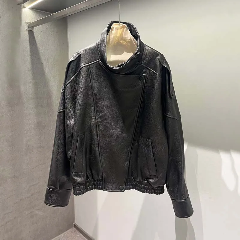 women coat autumn and winter 2026 new fashion genuine Leather jacket turn-down collar clothes Sleeve with a dropped shoulder