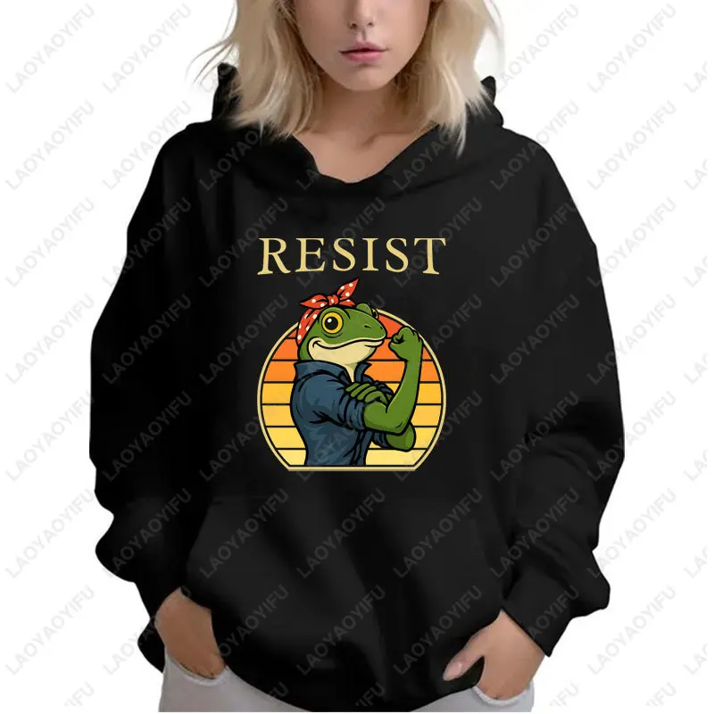 

Trendy Resist Frog Portland Woman Hoodie Feminist Activist Meme Frog Print Pullovers Retro Harajuku Sweatshirt Tops Ropa Mujer