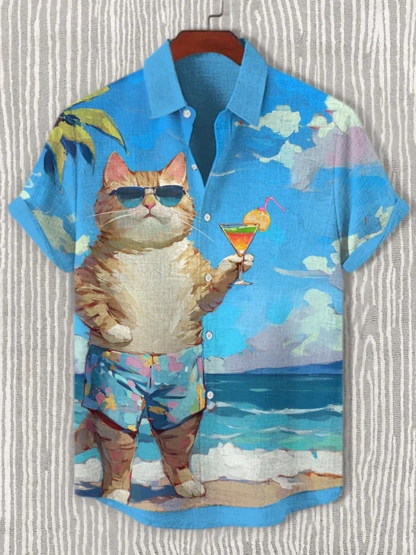 

Summer Men's Retro Cartoon Anime Cat Theme Short Sleeve Shirts Short Sleeve Tops Fashion Casual Vacation Streetwear Men's Shirts