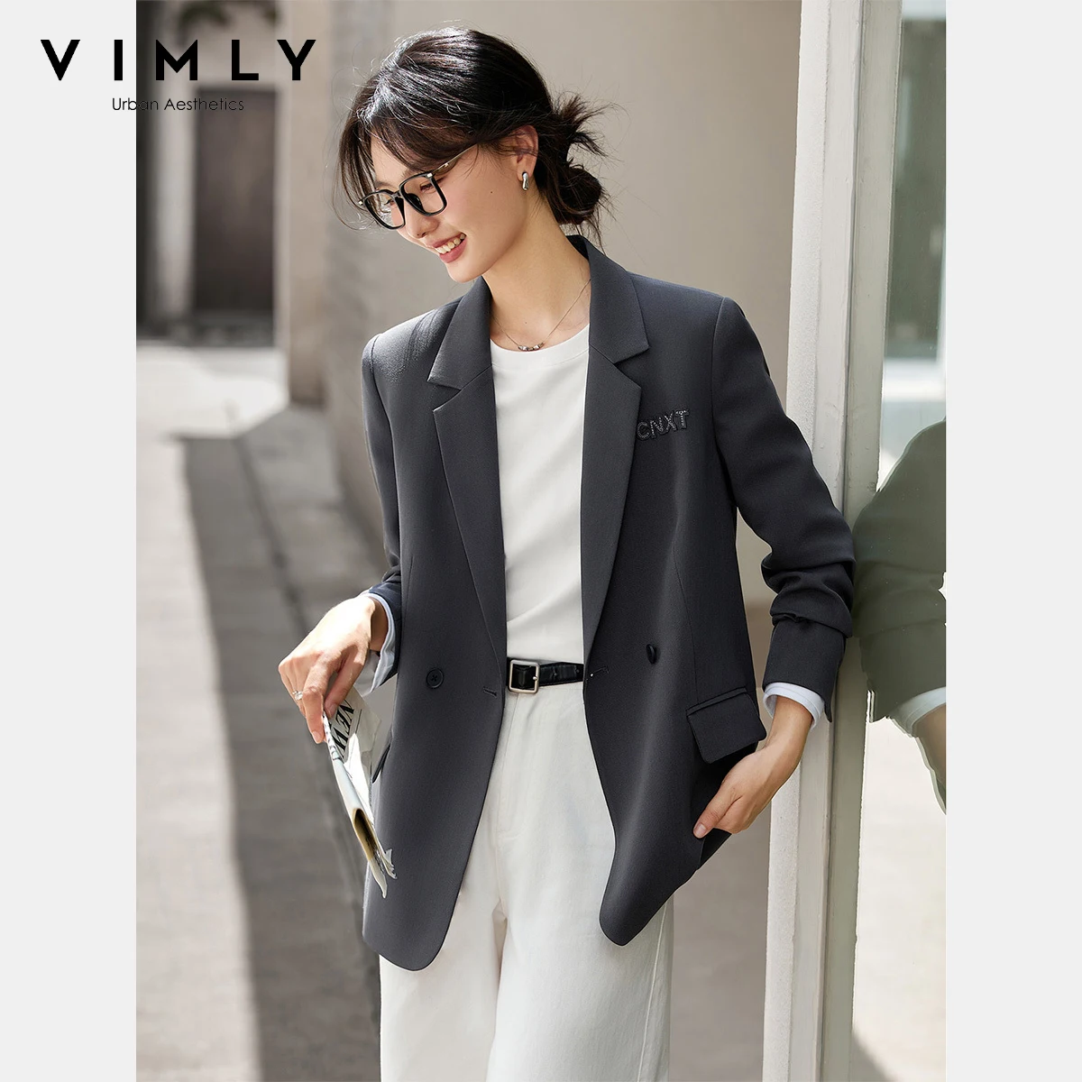 

VIMLY Gray Women's Letter Embroider Jacket Coats Autumn 2025 Oversized Turn-down Blazer Woman Office Wear Blazer Femmes A2516