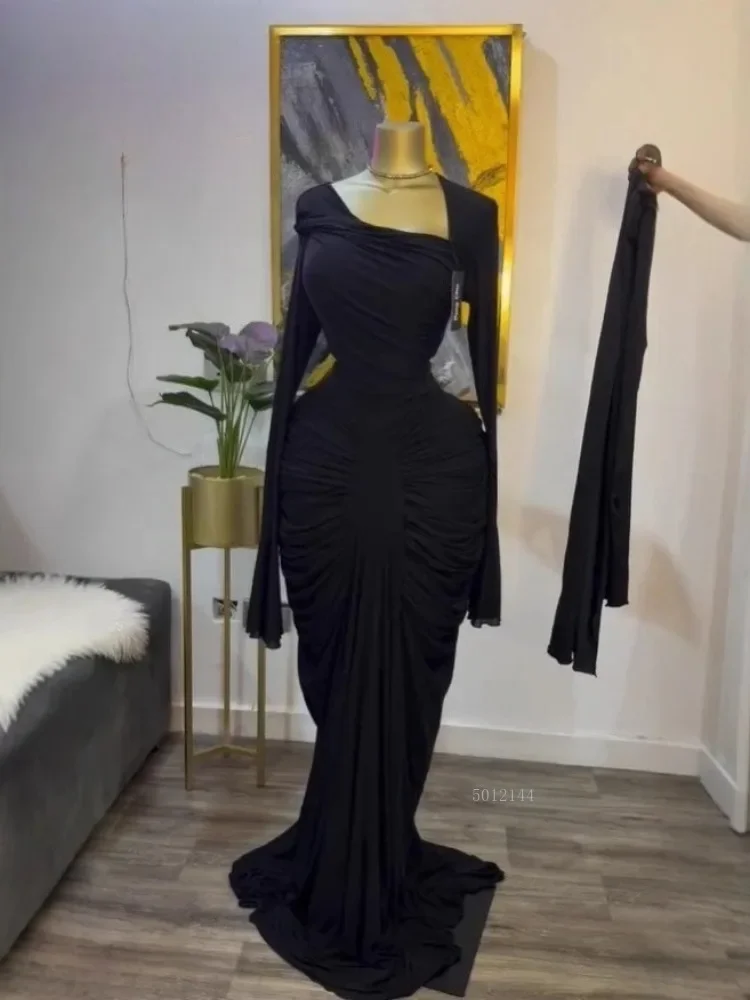Women Skew Neck Flare Long Sleeve Ruched Stacked Maxi Long Dress Fall Birthday Evening Sexy Party Dresses with Scarf
