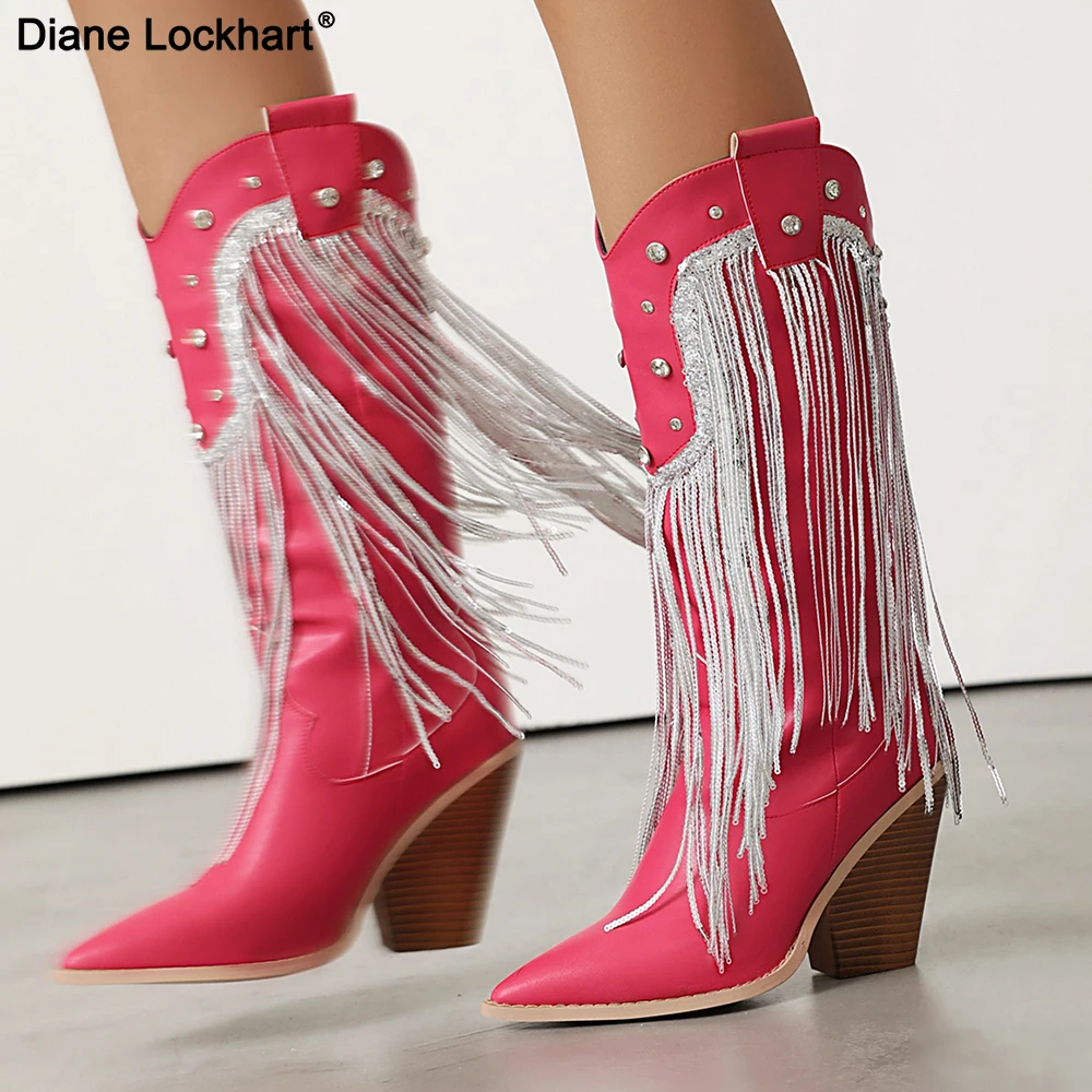 Shiny Fringe Women Western Boots Slip On Mid Calf Chunky Block Heels Shoes Sexy Elegant Party Nightclub Luxury Stage Boots