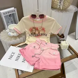 Retail  New Baby Girls  Summer Teenage  Fashion Sets  Cartoon Top+  Pink  Shorts   Princess Sweet Suits  3-9T