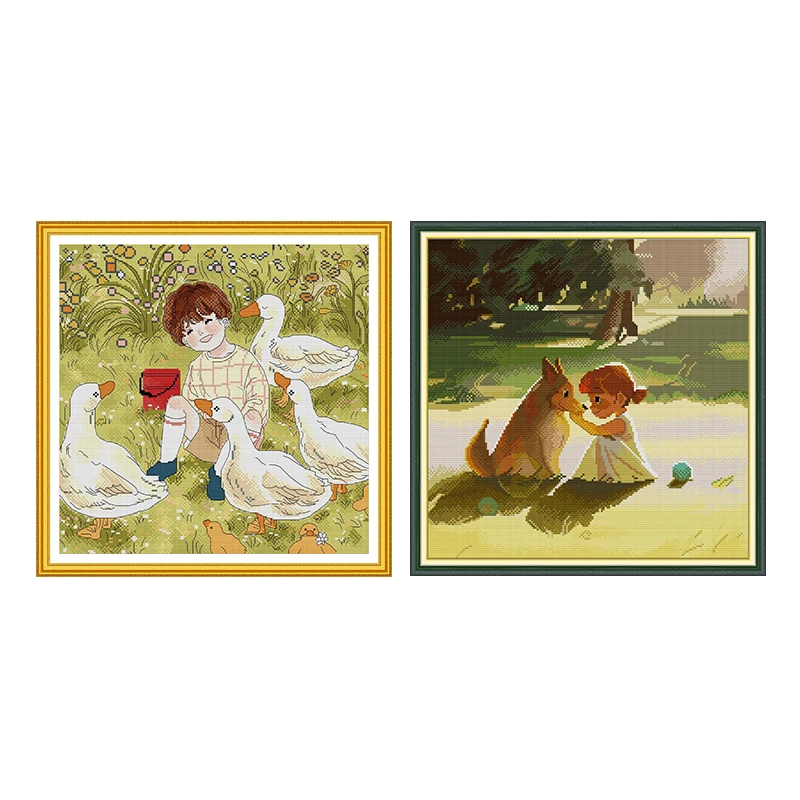 

DIY Happy Time For Children And Animals Cross Stitch Kits 14CT 11CT White Fabric Needlework Set Embroidery Thread Home Decor