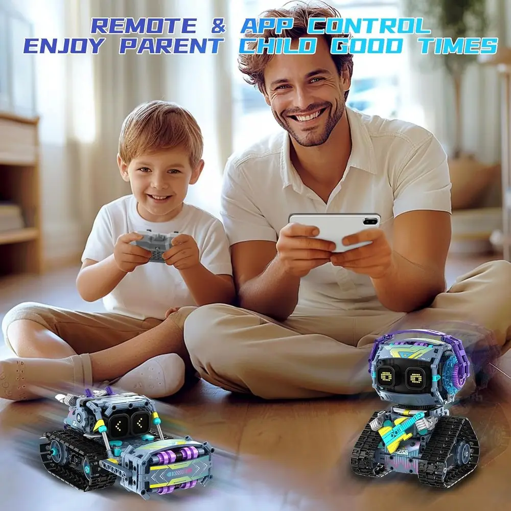 Kit robot STEM 3 in 1: blocchi di costruzione telecomandati e controllati da app con occhi LED, suono, regalo ideale per bambini dai 6 ai 12 anni