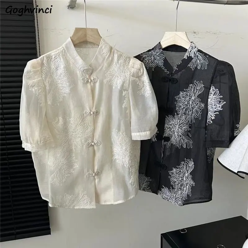 

Chinese Style Vintage Shirts Women Temperament Chic Summer New Fashion Loose Stand-up Collar See-through Ladies Streetwear Young