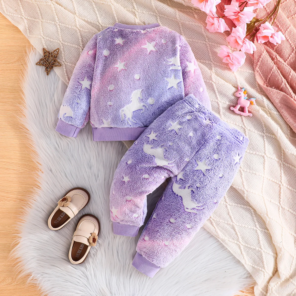 2024 New Winter Children Sets Long Sleeve O Neck Feather Purple Trousers 2 Pcs Roupa Infantil Menina Clothes Sets 6M-3T