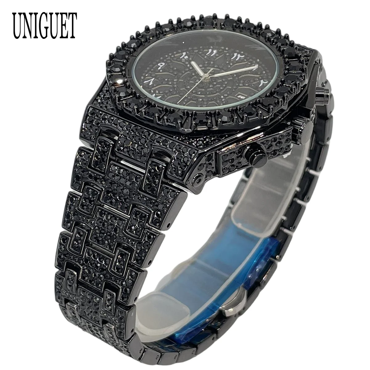UNIGUET Cool Black Diamond Watch for Men Luxury Hip Hop Full Ice Out Bling Wristwatch with Date Reloj Hombre 2026 Hot Salec view 6