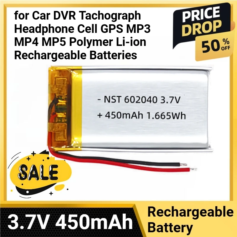 

602040 Battery Lithium 3.7V 450mAh for Car DVR Tachograph Headphone Cell GPS MP3 MP4 MP5 Polymer Li-ion Rechargeable Batteries