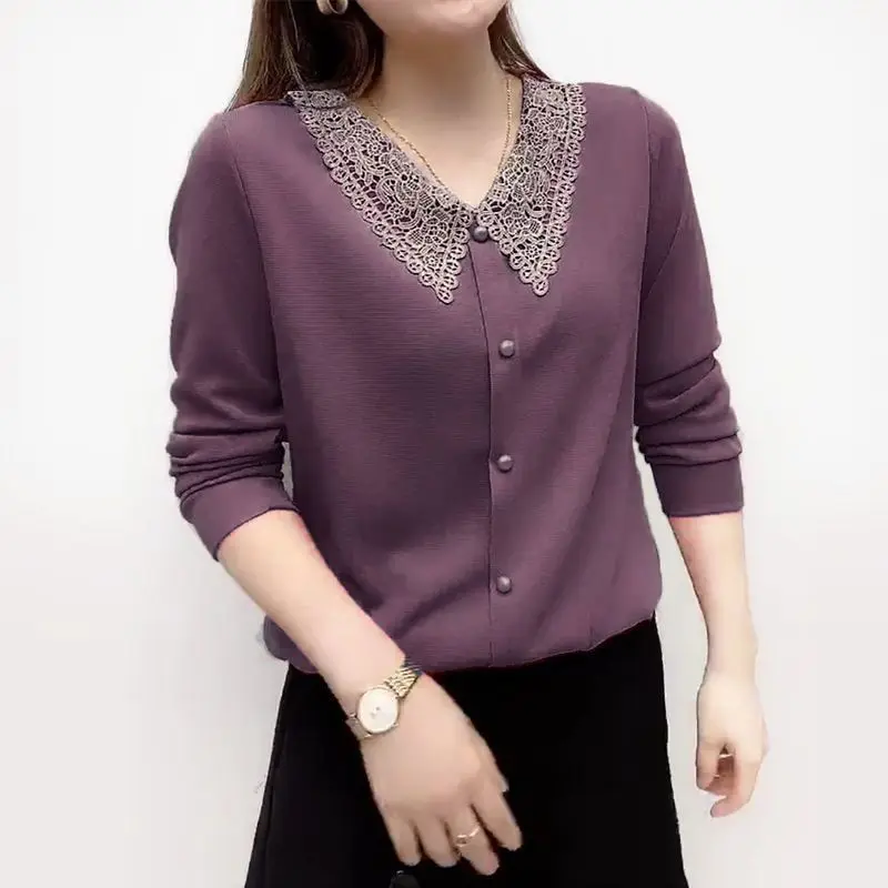 

Spring Autumn New Women Knitted T-Shirts Korean Elegant Vintage Patchwork Lace Casual Long Sleeve Versatile Solid Tops JJ315
