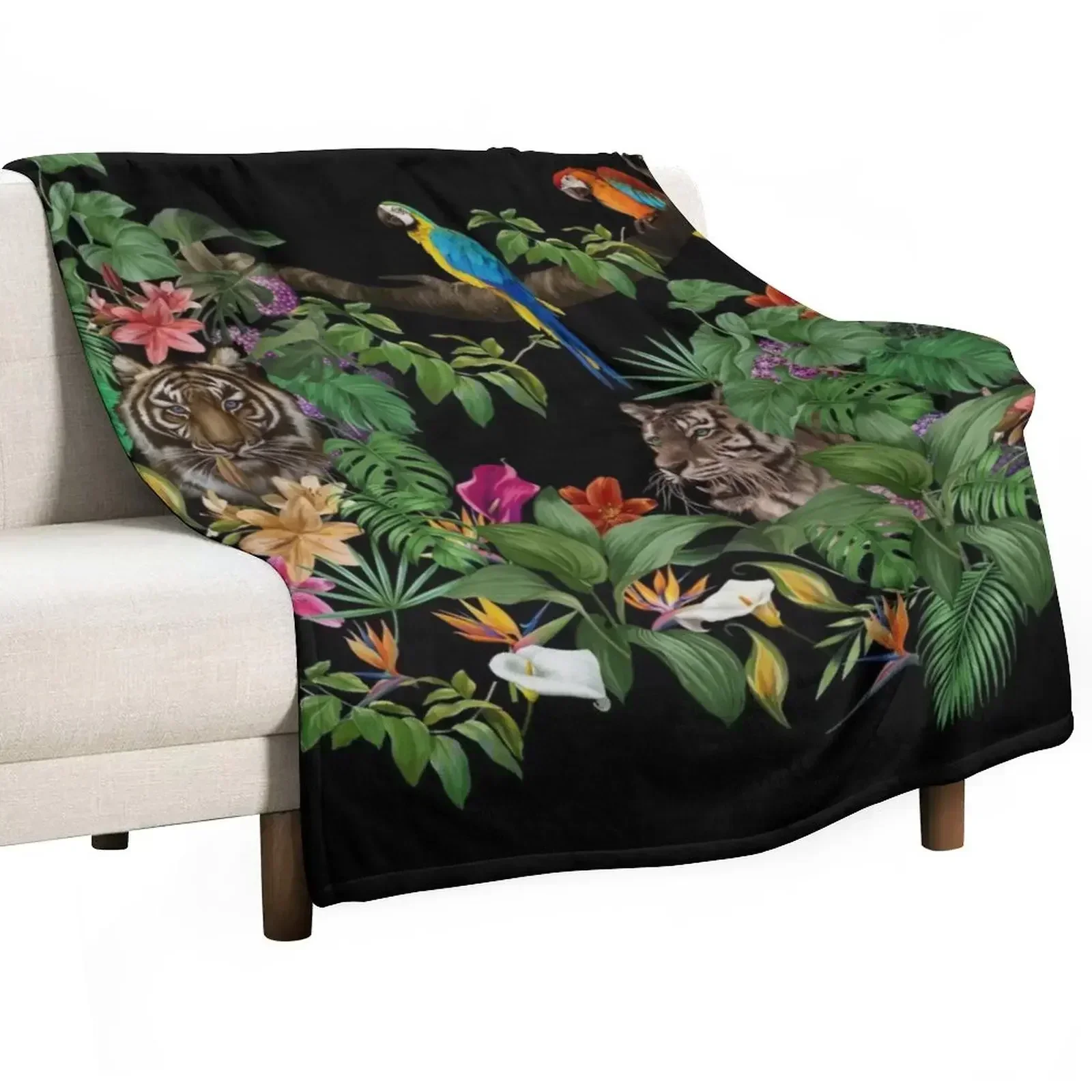 Jungle pattern.Leopard and parrot ,tropical leaves and flowers.Dark exotic forest. Throw Blanket blankets ands Moving Blankets
