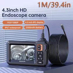 1M/39.4in Industrial Endoscope Camera 1080P 4.3 Inch IPS Single Lens Pipe Car Inspection Camera with 8mm IP67 Waterproof 8 LEDs