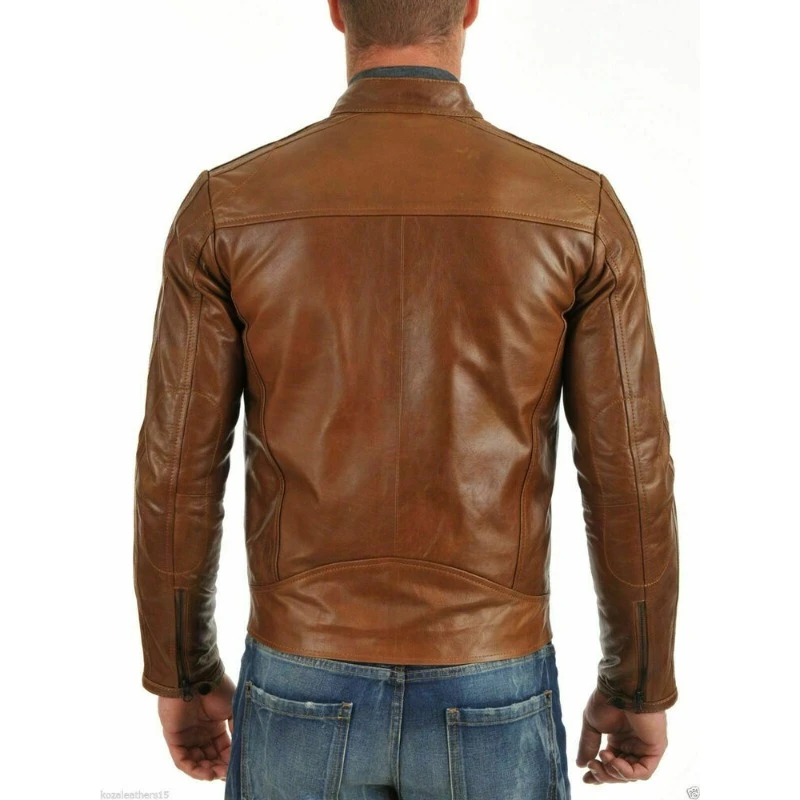 NEW Men Genuine Cow Hide Real Leather Jacket Handmade Tan Fashionable Coat