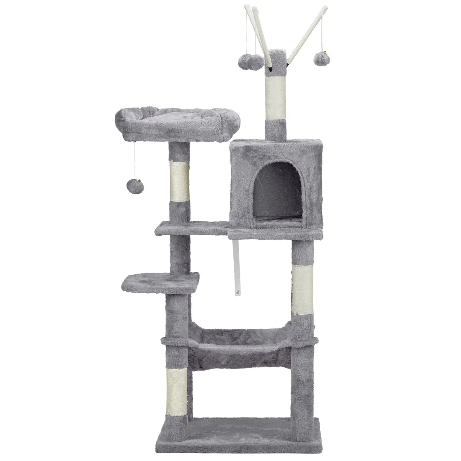 57 Cat Tree Tower for – Cozy Condo, Padded Bed, Toy Balls & Sisal Scratching Posts – Light Grey Cat House