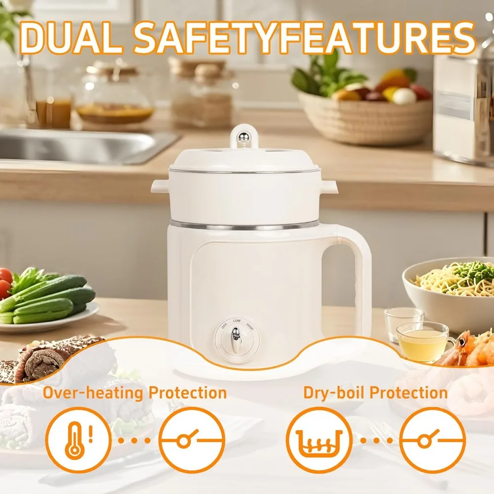 Hot Pot Electric with Steamer：2.0 L Ramen Cooker, Multifunctional Stainless Steel Electric Pot for Cooking, Portable ElectricPot