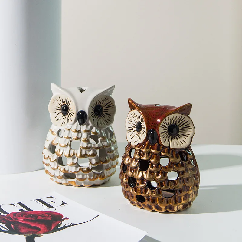 Lemeng Nordic Minimalist Ceramic Owl Hollow Candle Holder & Aroma Diffuser, Decorative Ornament for Hotels & Homestays,