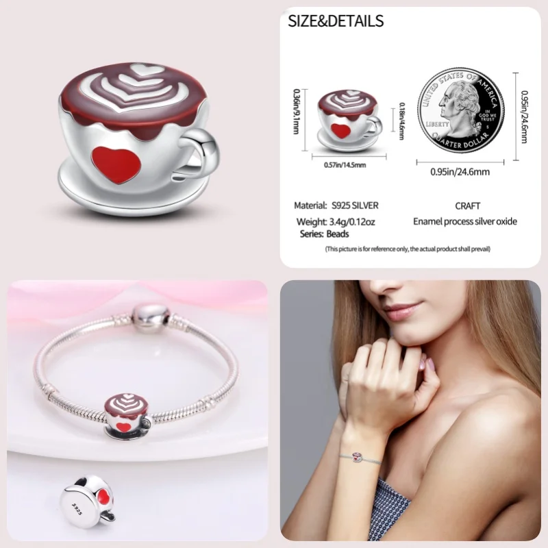 100% S925 Sterling SilverCoffee Series Charms Fit Original Pandora Bracelet For Women Fine Jewelry Birthday Present