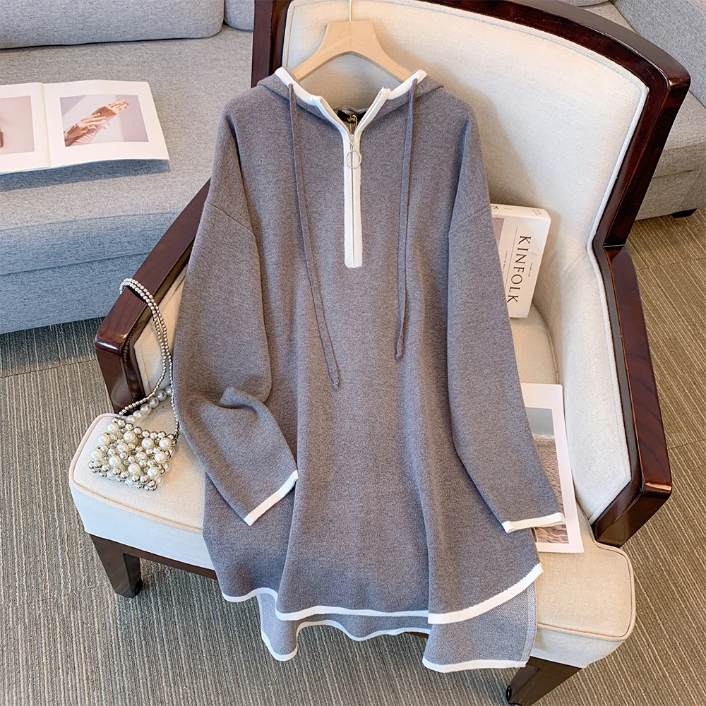 Plus size women's spring and autumn casual gray sweater  long sleeved top loose hoodie sweatshirt dress 2024 new clothing large