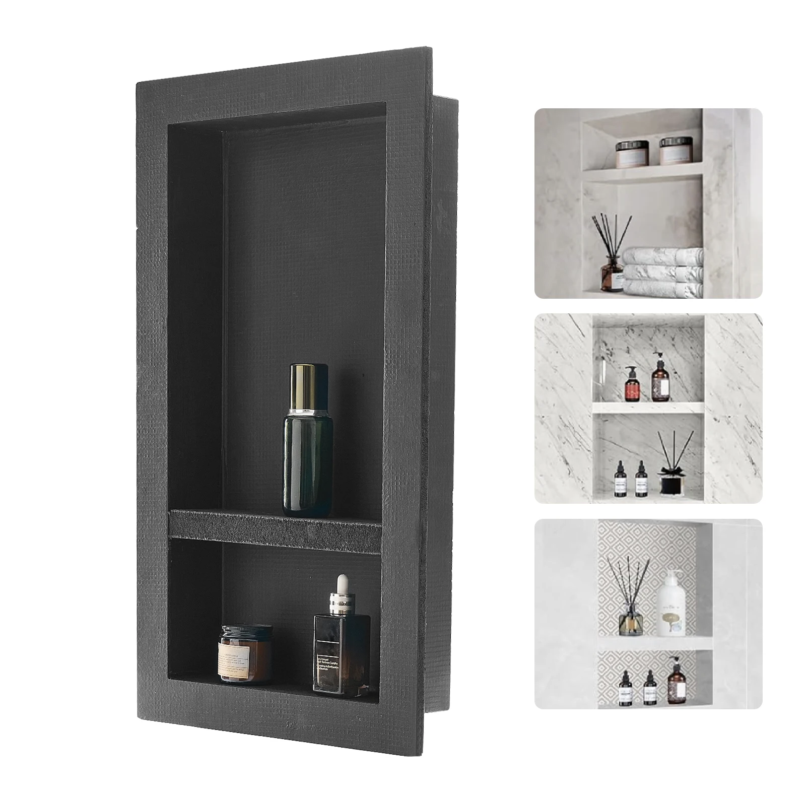 

SucceBuy Shower Niche with Movable Divider Shelf Modern Soap &Shampoo Storage Organizer Square Corners Black for Bathroom Shower