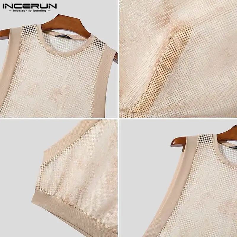 Men Tank Tops Mesh Patchwork O-neck Sleeveless Summer Male Vests Streetwear Sexy Transparent 2024 Fashion Men Clothing INCERUN