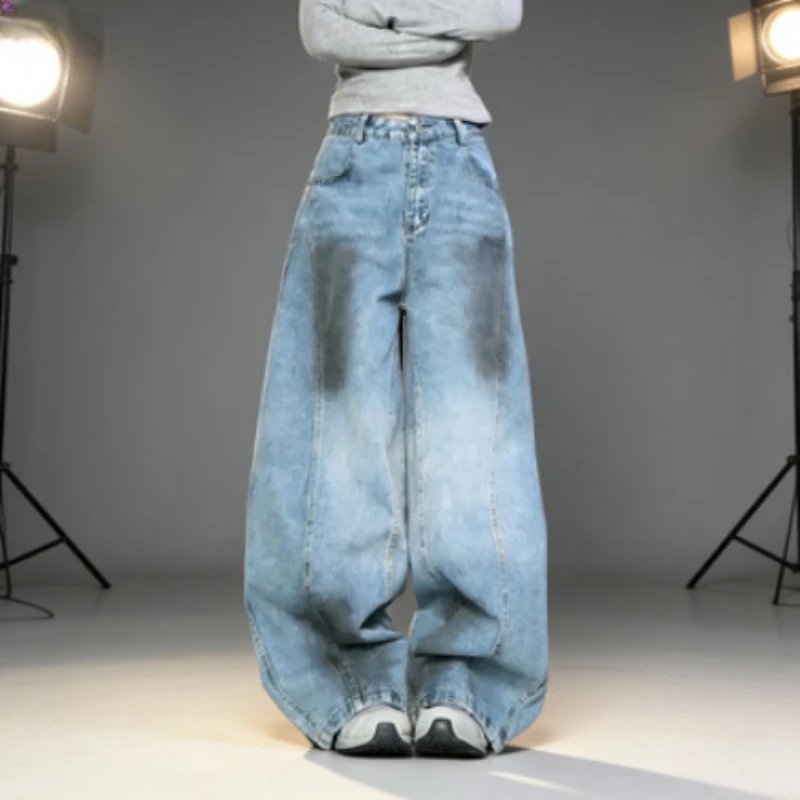 Plus Size Women's American Retro Distressed Graffiti Curved Denim Jeans 2025 Autumn Loose Fit Droopy Wide Leg Trousers