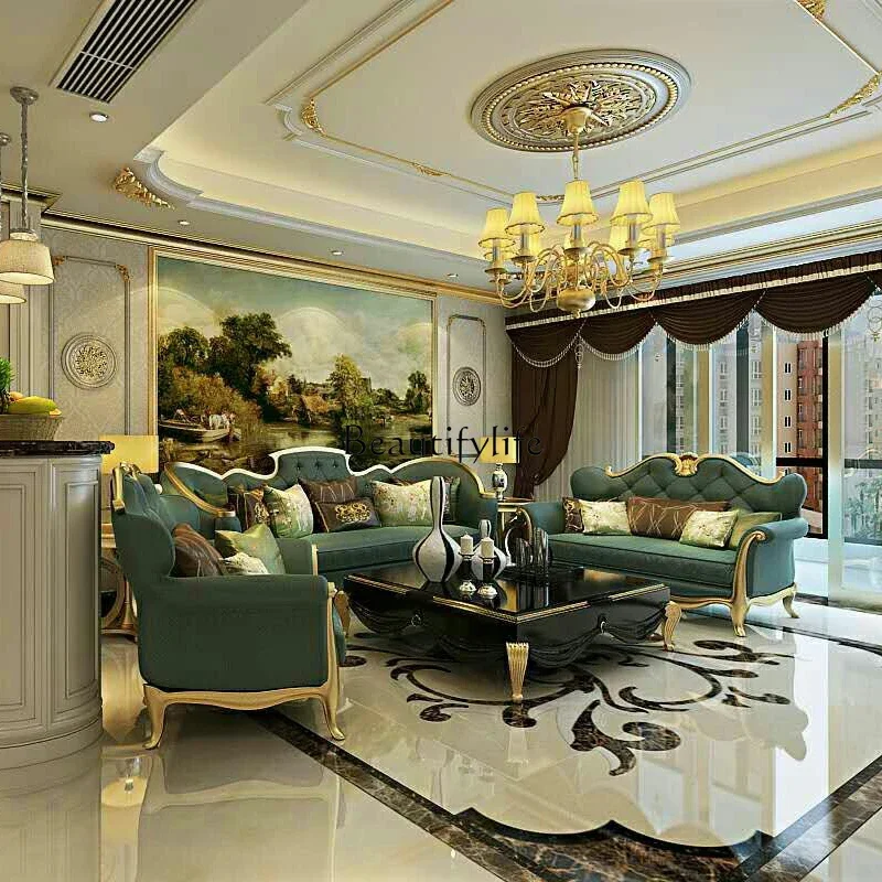 

yj5 European leather simple European solid wood first layer cowhide French light luxury living room combination