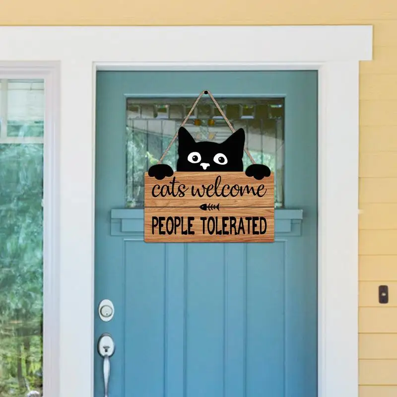 Cat Signs For Cat Lovers Wooden Cats Welcome People Tolerated Sign Kitten Footprint Decor Black Cat Wall Decor 11x10 Inches Funn