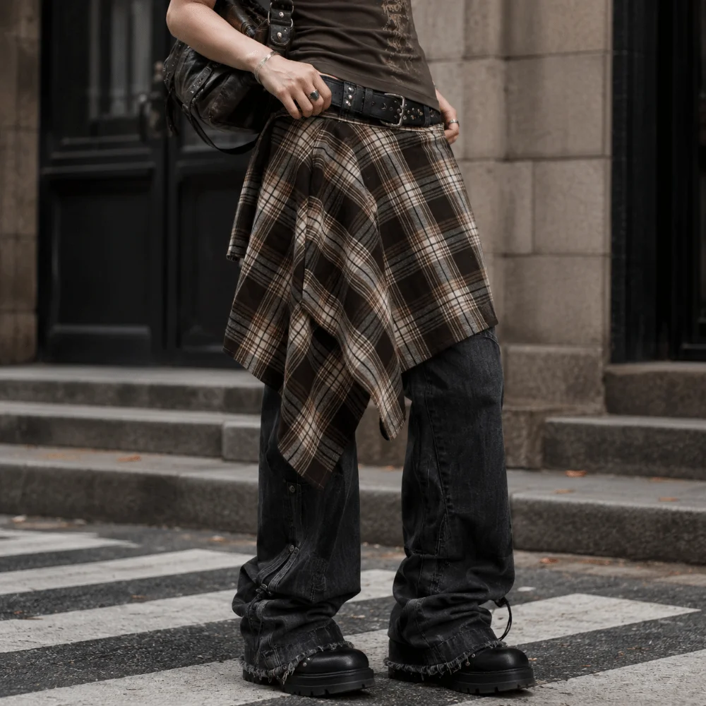 

Half Body Skirt Irregular Plaid Skirt Underskirt Hip-hop Grid Wrap Skirt Lace Up Vintage Waist Seal Skirt Cool Girls