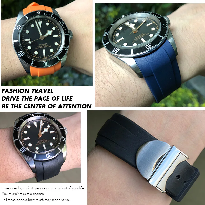 湾曲した端のゴム時計バンド、シリコンストラップデプロイクライスプ、tudor、Black bay、gmt、pelagos、Black、Blue、red、Orange、green、22mmに適合