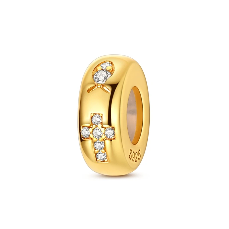 

925 Sterling Silver Golden Charms Bead CZ Zircon Jesus Fish Cross Fixed Clip Dangle Fit Original Bracelet DIY Women Jewelry Gift